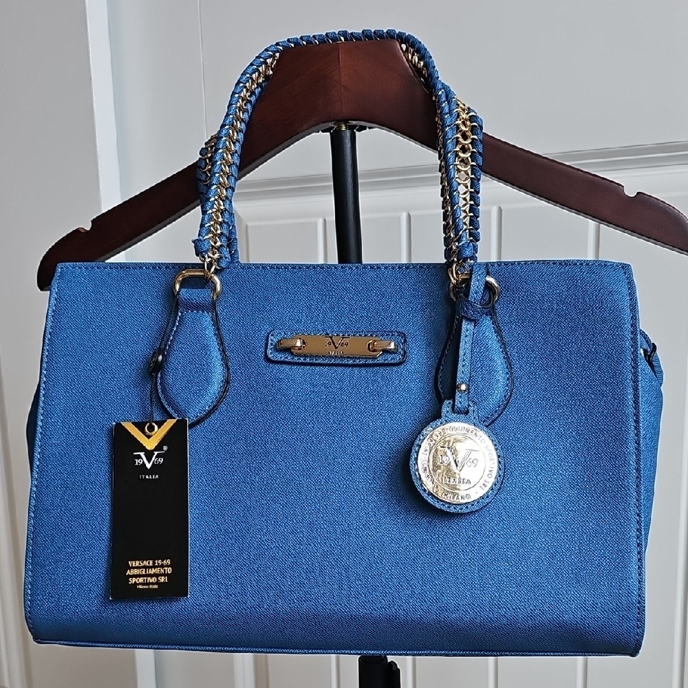 NWT Versace 19v69 Italia Electric Blue Satchel Bag With Crossbody Strap - Picture 6 of 12